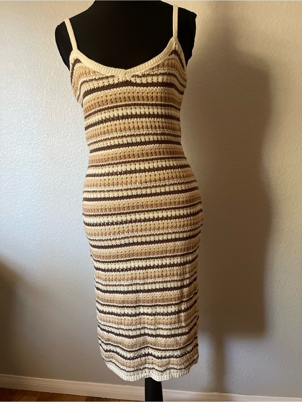 Olive & Oak Striped Crochet Tank Midi Dress in Cream, Tan & Brown